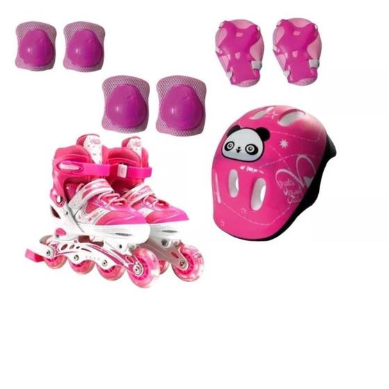 Imagem de Patins Infantil Menino Rosa Zippy Barato Kit de Proteção Led