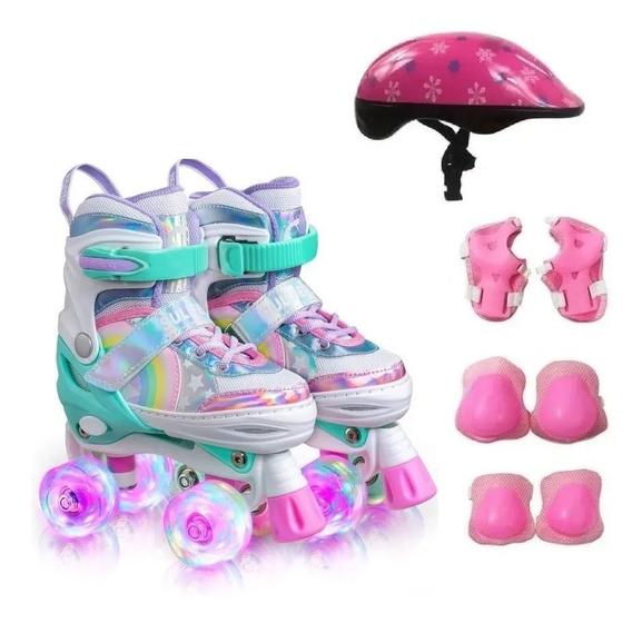 Imagem de Patins Infantil Quad Ajustável+ Kit Proteção Rodas Led