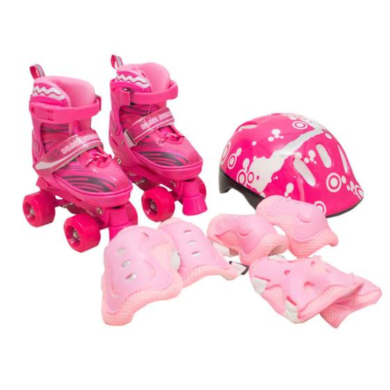 Patins Infantil Roller 4 Rodas + Capacete Protecao Ajustavel Tamanho: M - Rosa Menor preço em Patins Infantil Roller 4 Rodas + Capacete Protecao Ajustavel Tamanho: M - Rosa