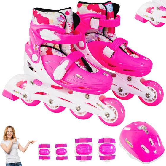 Imagem de Patins Inline Roller Com Kit Proteção Completo Infantil Ajustável Tam 31 ao 34 Quad Rosa