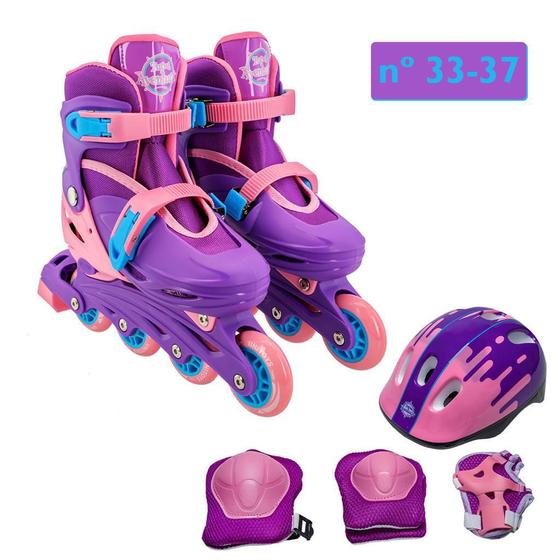 Patins Inline Roller Roxo Kit Proteção Ajustavel 34-37 Menor preço em Patins Inline Roller Roxo Kit Proteção Ajustavel 34-37