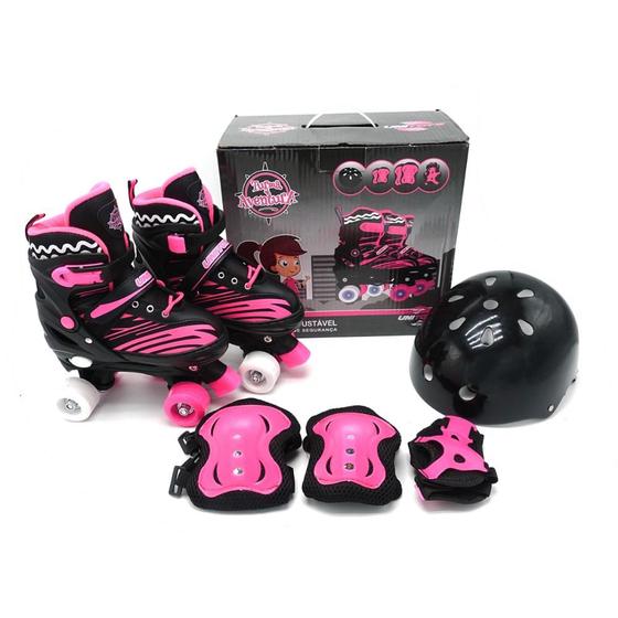 Imagem de Patins Quad com Kit de Proteção Preto/Pink Tam Ajustável 30 ao 33 Uni Toys Capacete Joelheira Cotovelos Freios Traseiros