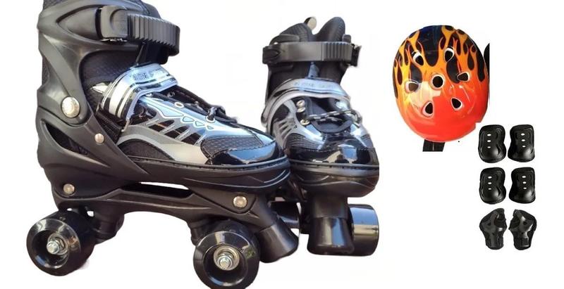 Imagem de Patins Quad Preto Regulável De Todos Tamanhos + Kit Proteção