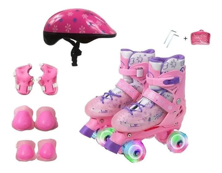 Imagem de Patins Quad Rosa Regulável 28-32 e 33-36 Com Rodas Em LED + Capacete + cotoveleira + joelheira. Kit proteção