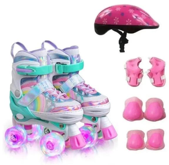 Imagem de Patins Roller Infantil Arco Íris Sport 4 Rodas Ajustavel Led c/ kit segurança