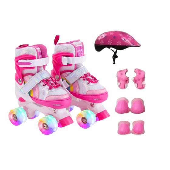 Patins Roller Infantil Arco Íris Sport 4 Rodas Ajustavel Led c/ kit segurança Menor preço em Patins Roller Infantil Arco Íris Sport 4 Rodas Ajustavel Led c/ kit segurança