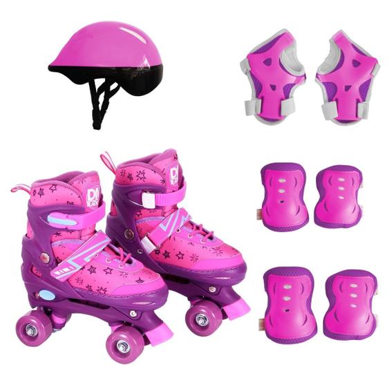 Imagem de Patins Roller Rosa Infantil Ajustável 4 Rodas com Proteção