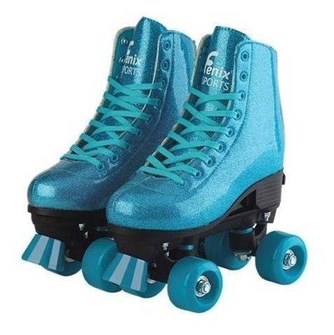 Imagem de Patins Roller Skate 4 Rodas Azul Glitter Brilho Ajustáve 31/34 Fenix