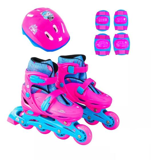 Imagem de Patins Rosa e Azul Infantil 4 Rodas Regulável C/ Kit 35a38