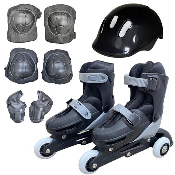 Imagem de Patins triline 3 rodas infantil 2x1 kit proteção preto 27-30