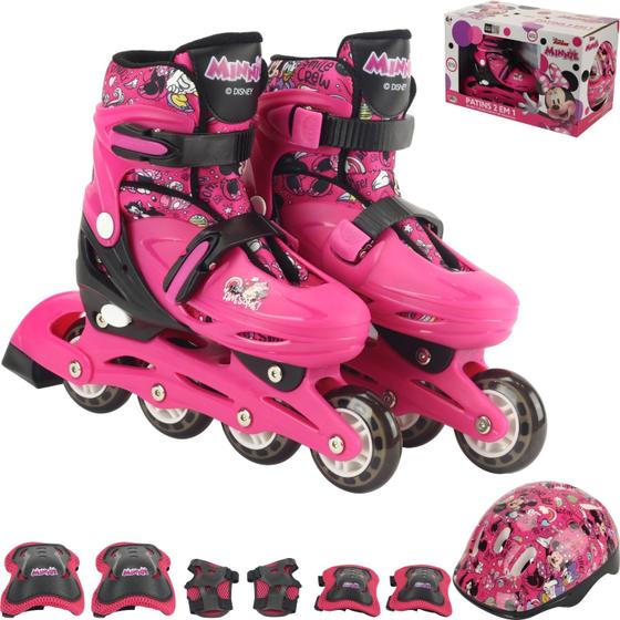 Imagem de Patins Triline da Minie Disney Original com Kit Proteção Completo Infantil Menina Rosa 32 ao 35