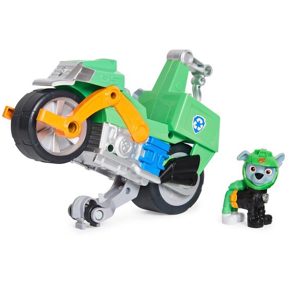 Imagem de Paw Patrol, Moto Pups Rocky's Deluxe Pull Back Motocicleta Veículo de motocicleta com característica e figura wheelie