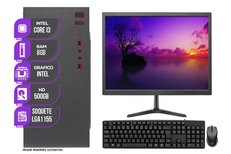 Imagem de PC Completo Mancer, Intel Core I3, 8GB DE RAM, HD 500GB + Monitor 19 + Kit Teclado e Mouse