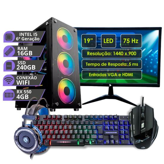 Imagem de Pc Computador Gamer Completo Processador Intel Core I5 6ª geração Memória 16gb SSD 240gb Placa de Vídeo Rx550 4gb Fonte 500W Windows 10 Monitor 19"LED