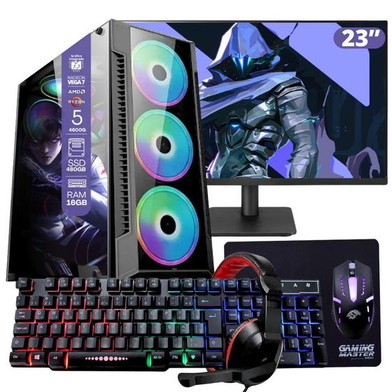 Imagem de PC Gamer AMD Ryzen 5 4600G, 16GB RAM, Placa de video Radeon Vega 7, SSD 480GB, Fonte 200W + Monitor 23" LED 75hz + Kit Gamer Completo