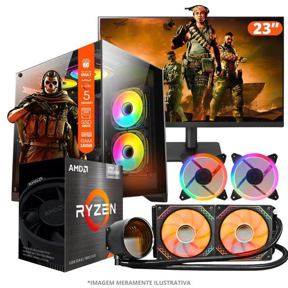 Imagem de PC Gamer AMD Ryzen 5 5600GT, 16GB RAM, Placa de video Radeon Vega 7, SSD 480GB, Fonte 550W, Gabinete Aquário, Water Cooler + Monitor 23" LED 75hz