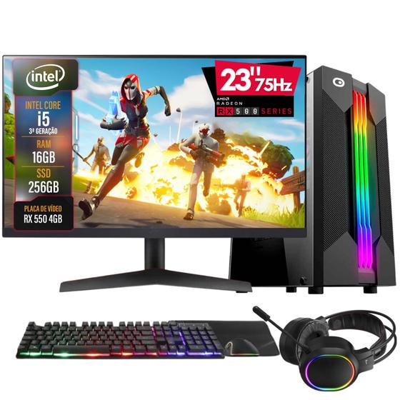 Imagem de PC Gamer Completo 2Eletro Go, Intel Core i5, 16GB RAM, Radeon RX 4GB, SSD 256GB, 500W 80 Plus, Monitor 23" Full HD 75Hz, Kit Gamer com Headset - PG2E-RGB1019GO
