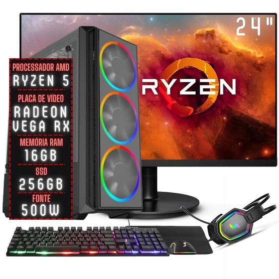 Imagem de PC Gamer Completo 3green Force AMD Ryzen 5 16GB DDR4 Placa de vídeo Radeon RX SSD 256GB Monitor 24" 75Hz Fonte 500W 3GFO-047