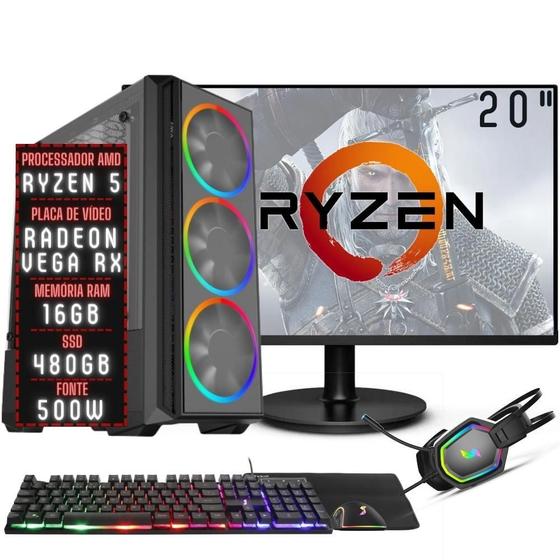 Imagem de PC Gamer Completo 3green Force AMD Ryzen 5 16GB DDR4 Placa de vídeo Radeon RX SSD 480GB Monitor 20" 75Hz Fonte 500W 3GFO-032