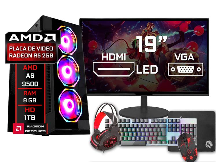 Pc Gamer Completo Amd A6 9500 8GB DDR4 HD 1TB Radeon R5 2gb Monitor 19" - Fonte 500w- Kit Gamer Teclado Mouse Headset Menor preço em Pc Gamer Completo Amd A6 9500 8GB DDR4 HD 1TB Radeon R5 2gb Monitor 19" - Fonte 500w- Kit Gamer Teclado Mouse Headset