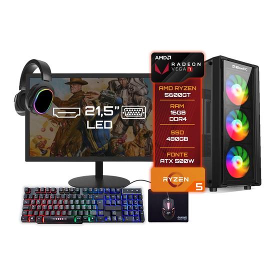 Imagem de Pc Gamer Completo BluePC Amd Ryzen 5 5600gt 16GB DDR4 SSD 480GB Vega 7 Monitor 21" - Kit Gamer Teclado Mouse Headset