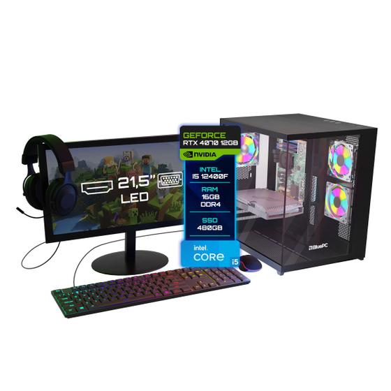 Imagem de Pc Gamer Completo BluePC Intel Core I5 12400f (12ª Geração) 16gb Ddr4 Rtx 4070 12gb Ssd 480gb - Monitor 21" - Kit Gamer Teclado Mouse Headset