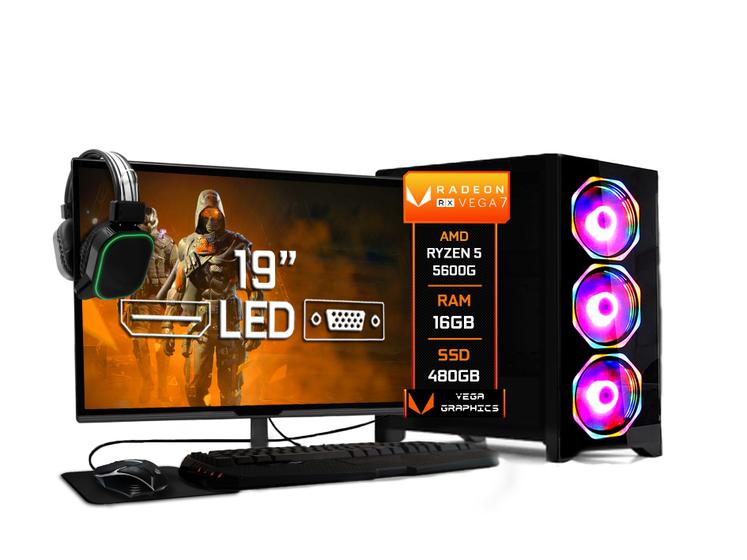 Imagem de PC Gamer Completo Fácil AMD Ryzen 5 5600G 3.9Ghz Radeon Vega 7 16GB 3000MHz DDR4 SSD 480GB Fonte 500w - Monitor 19" Kit