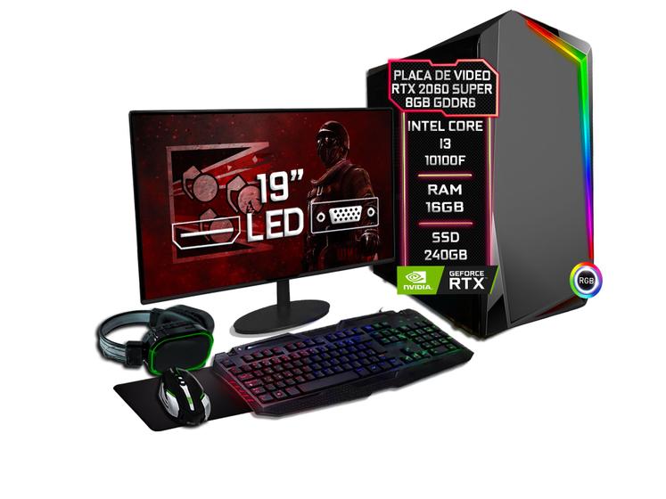 Imagem de PC Gamer Completo Fácil Intel Core i3 10100F (10ª Geração) 16GB DDR4 RTX 2060 Super 8GB SSD 240GB - Monitor 19" Kit Game