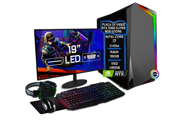 Imagem de PC Gamer Completo Fácil Intel Core i7 3.4GHz 16GB RTX 2060 Super 8GB SSD 480GB Fonte 750w - Monitor 19" Kit Gamer