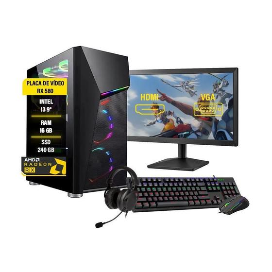 Imagem de Pc Gamer Completo I3 9 16Gb Rx 580 8Gb Ssd 240 1Tb+ Monitor