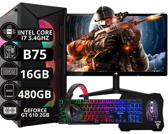 Imagem de Pc Gamer Completo I7 3.4ghz 16gb Ssd 480gb 500w VGA  Gt610 + Monitor 20" + kit Gamer - Option Soluções