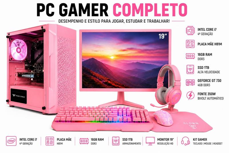 Pc Gamer Completo Rosa I7 16gb Ssd 1tb Placa De Video 4gb - Option Soluções Imagem de Pc Gamer Completo Rosa I7 16gb Ssd 1tb Placa De Video 4gb