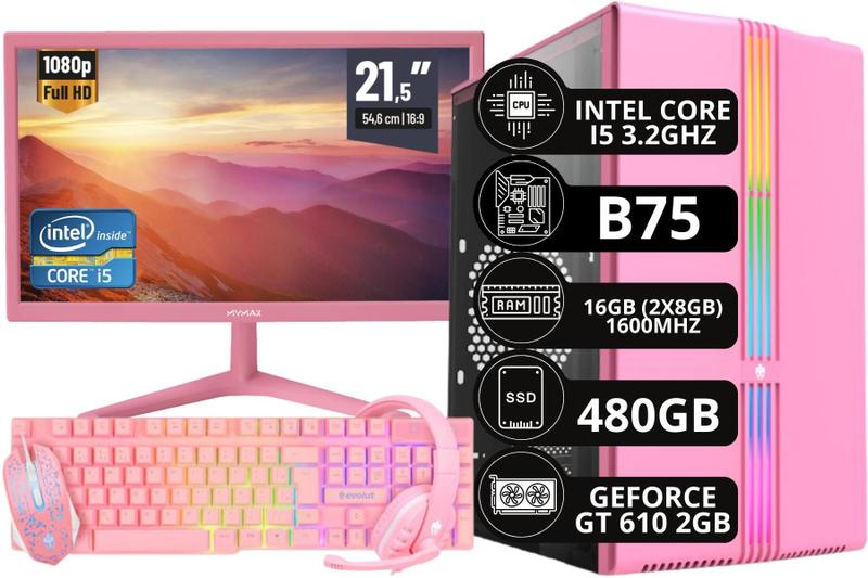 Imagem de PC Gamer Completo Rosa Intel Core I5 16 GB 480 GB GT 610 2 GB + Monitor Rosa + Kit Gamer Rosa