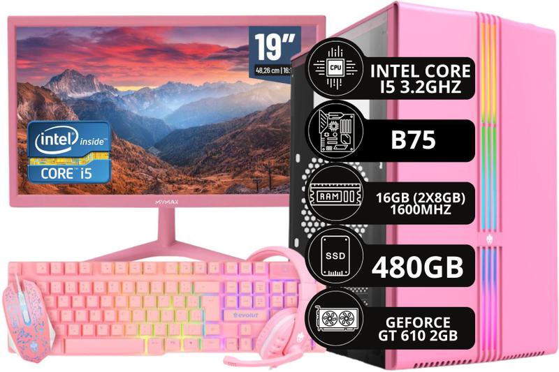 Imagem de PC Gamer Completo Rosa Intel Core I5 16 GB 480 GB GT 610 2 GB + Monitor Rosa + Kit Gamer Rosa