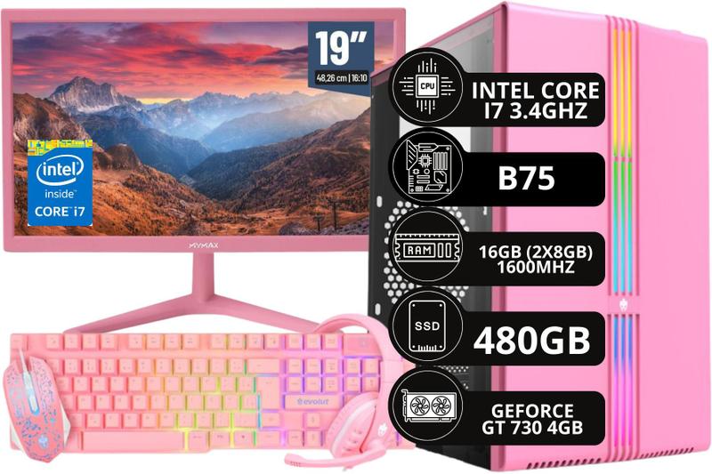 Imagem de PC Gamer Completo Rosa Intel Core I7 16 GB 480 GB GT 730 4GB + Monitor HD Rosa + Kit Gamer