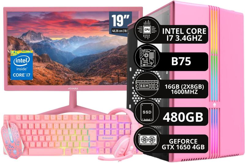 Imagem de PC Gamer Completo Rosa Intel Core I7 16 GB 480 GB GTX 1650 4GB + Monitor Rosa + Kit Gamer Rosa