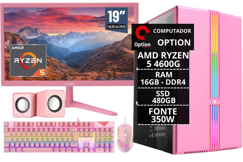 Imagem de PC Gamer Completo Rosa Ryzen 5 4600G 16 GB 480 GB Vega 7 + Monitor Rosa + Kit Gamer Rosa