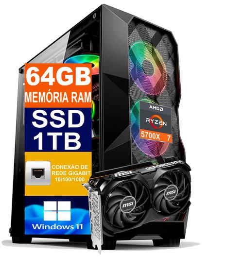 Imagem de Pc Gamer Computador Cpu Ryzen 7 5700X / SSD 1TB M2 NVME / 64gb Memória Ram DDR4 / Rtx 4060 8gb