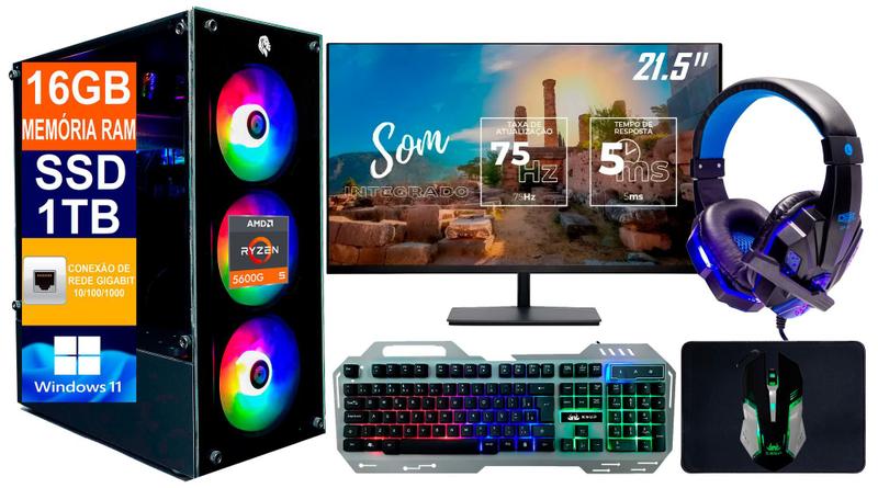 Imagem de Pc Gamer Cpu Ryzen 5 5600g / Ssd 1tb, 16gb + Monitor 21.5p