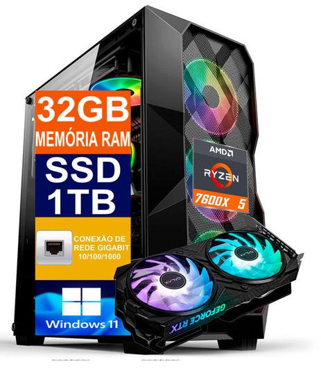 Imagem de Pc Gamer Cpu Ryzen 5 7600x, Ssd 1tb M.2 Nvme, 128gb Memória Ram Ddr5, RTX 4060 8gb, Windows 11 Pro