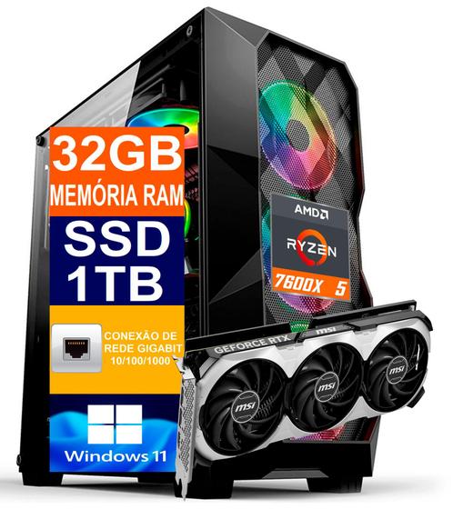 Imagem de Pc Gamer Cpu Ryzen 5 7600x, Ssd 2tb M.2 Nvme, 32gb Memória Ram Ddr5, RTX 4060ti 16GB, Windows 11 Pro