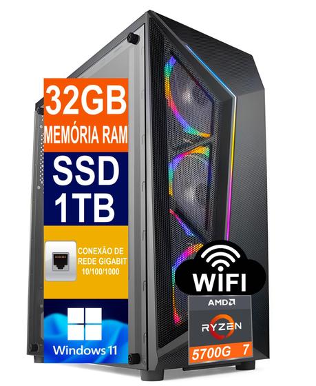 Imagem de Pc Gamer Cpu Ryzen7 5700g, Ssd 1Tb M.2 Nvme, 32gb Memória Ram Ddr4, Fonte 700w, Windows 11 Pro