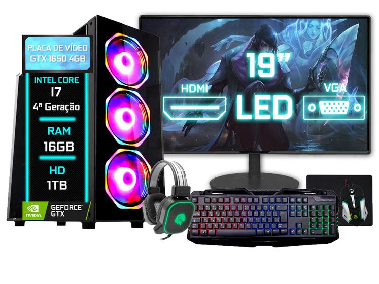 PC Gamer Fácil Completo Intel Core i7 (4ª Geração) 16GB HD 1TB GTX 1650 4GB Monitor 19" - Teclado Mouse Headset Menor preço em PC Gamer Fácil Completo Intel Core i7 (4ª Geração) 16GB HD 1TB GTX 1650 4GB Monitor 19" - Teclado Mouse Headset