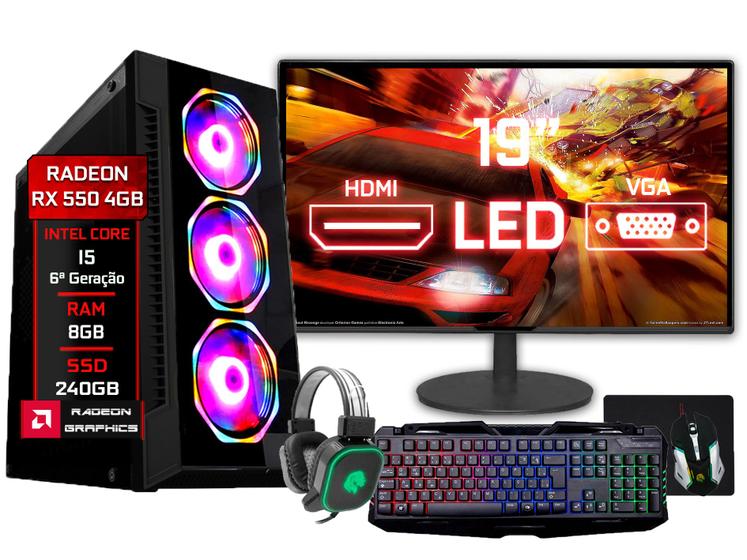 Imagem de PC Gamer Fácil Completo Intel i5 (6ª geração) 8GB RX 550 4GB SSD 240GB Monitor 19" Kit Gamer Teclado Mouse Headset