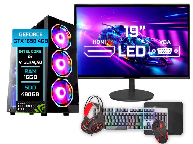 Imagem de PC Gamer Fácil Intel core i5 4ª 16GB GTX 1650 4GB SSD 480GB Monitor 19" - Kit Gamer Teclado Mouse Headset - Fonte 500w