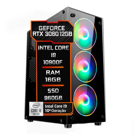 Imagem de PC Gamer Fácil Intel Core i9 10900F (10ª Geração) 16GB DDR4 3000MHz RTX 3060 12GB GDDR6 SSD 960GB - Fonte 750w