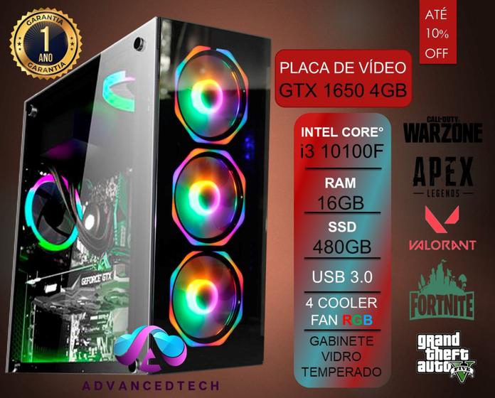 Imagem de PC Gamer Intel Core i3 10100f (10ª geração) RAM 16GB DDR4 GTX 1650 4GB SSD 480GB - ADVANCEDTECH