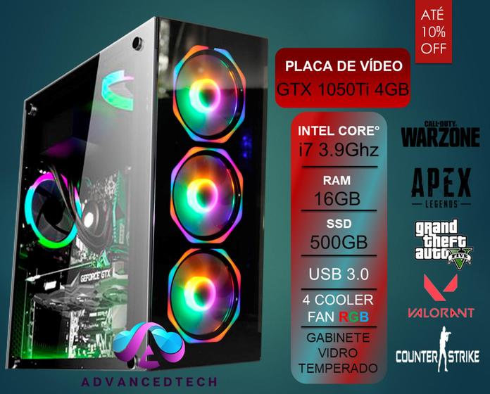 Imagem de PC Gamer Intel Core I7 3.9Ghz RAM 16GB GTX 1050TI 4GB SSD 500GB - Windows 10 - ADVANCEDTECH