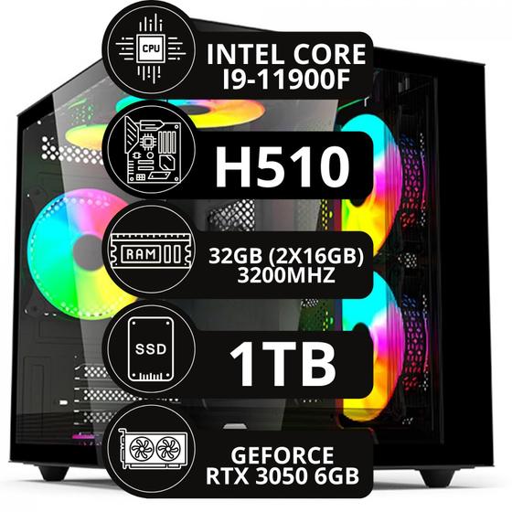 Imagem de Pc Gamer Intel I9 11900f 32gb Rtx 3050 6gb Ssd 1tb Water Cooler 240mm