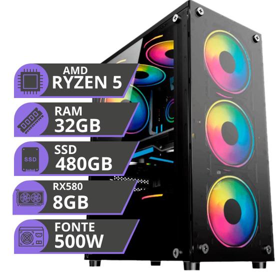 Imagem de PC Gamer MRP Informática Processador Amd Ryzen 5 Memória 32gb SSD 480  Placa de Vídeo Rx580 8gb Fonte 500W Windows 10